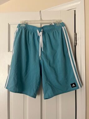adidas aqua blue swim trunks with white trim